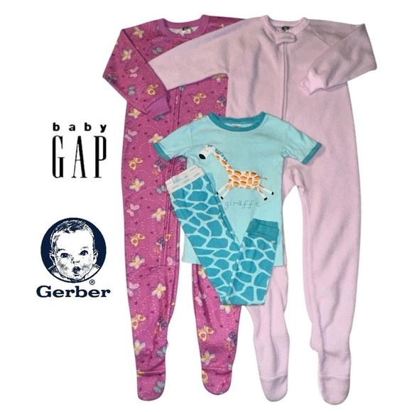 3-pr Pajamas GERBER Fleece Footed GAP Giraffe Set PJs Sleep Pink Green Girl 5 - Picture 1 of 16